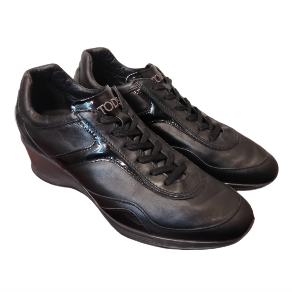 TOD'S | Black Patent and Leather Wedge Sneakers in Size EU 40 / US 10
